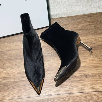 Xajzpa New Style Women's Concise Black Women Ankle Boots Pointed Toe Design Metal Decoration High Stiletto Heels Shoes Zapatos Mujer